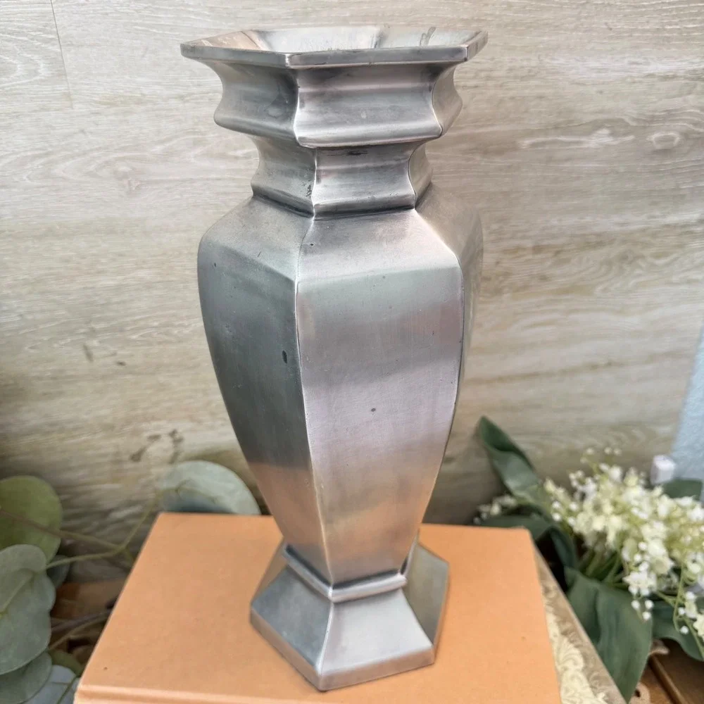 Pottery Barn Estate Vase Tall Hexagonal Silver Cast Aluminum Matte Finish Decor